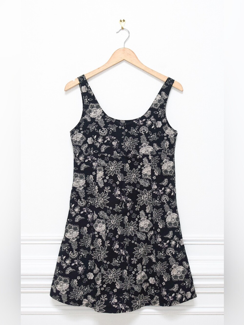 Vintage 90s Black Floral Mini Dress Size M Fairy Dark Coquette - Picture 2 of 6